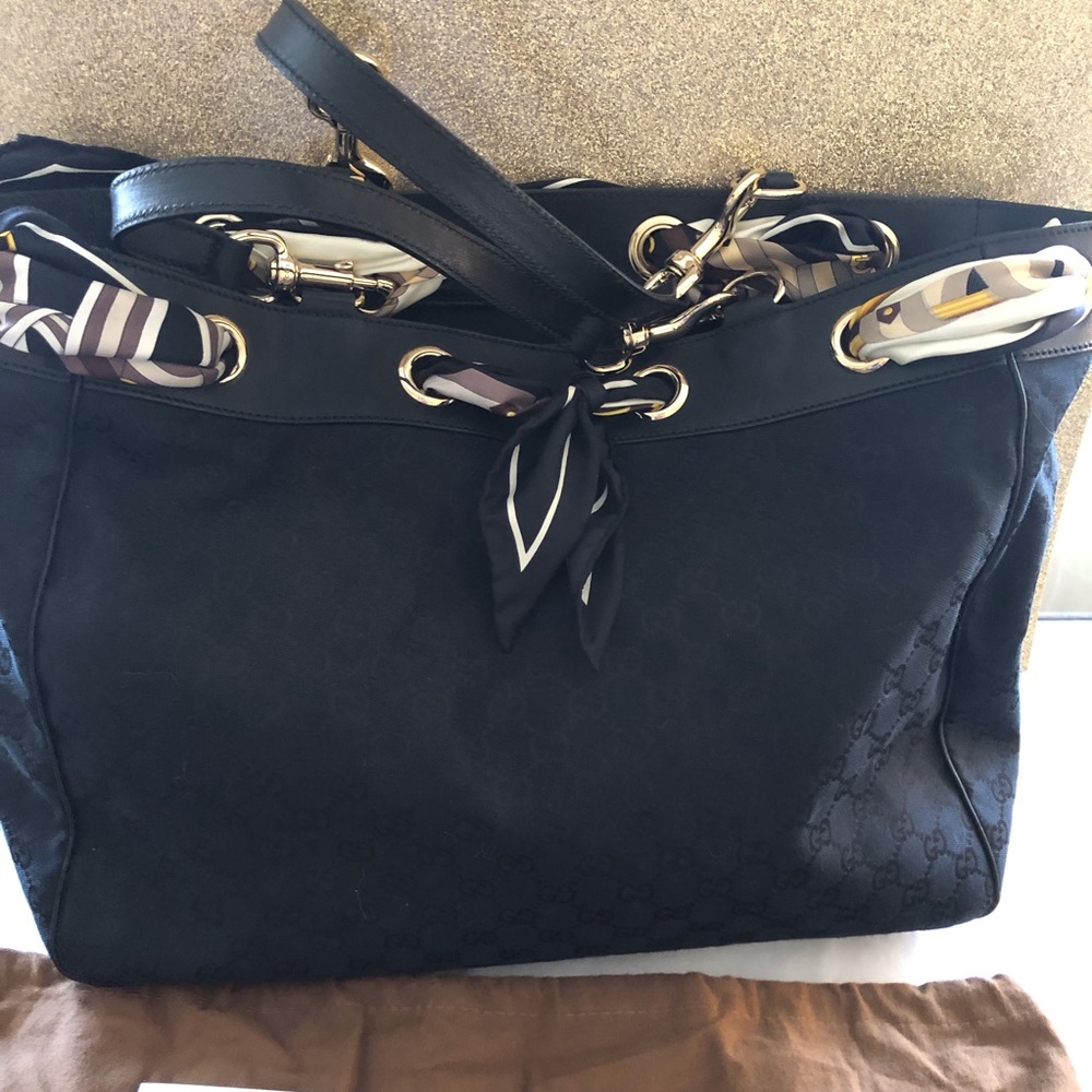 Gucci Black Canvas Tote with Gold Hardware and Patterned Scarf Detail